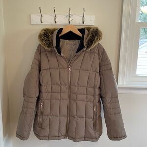 Calvin Klein Brown Puffer Jacket with Faux Fur Trim